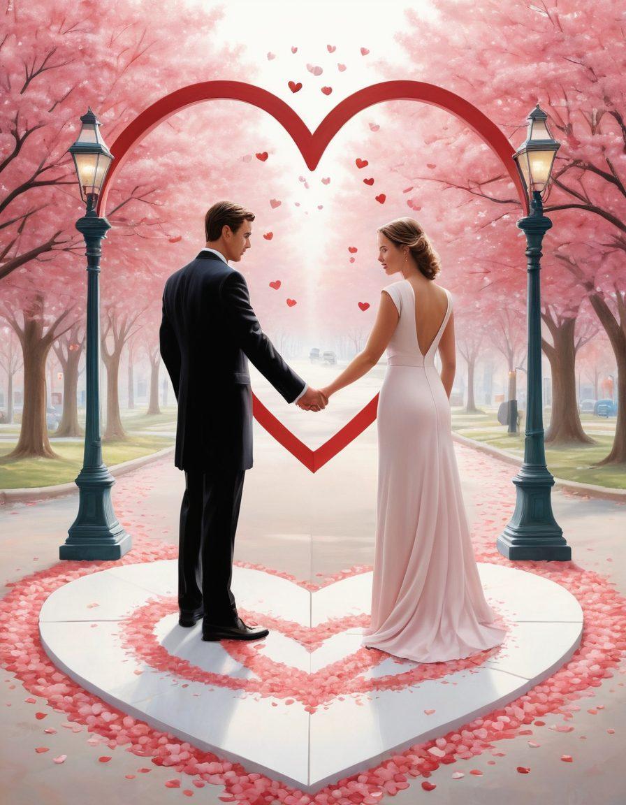 An elegant couple holding hands while standing at a crossroads, represents the journey of love and the importance of protecting their partnership. Surround them with symbolic elements like gently floating hearts, insurance policy documents, and protective shields forming a heart shape in the background. Soft pastel colors harmonize the image, creating a warm and inviting atmosphere. super-realistic. vibrant colors. white background.