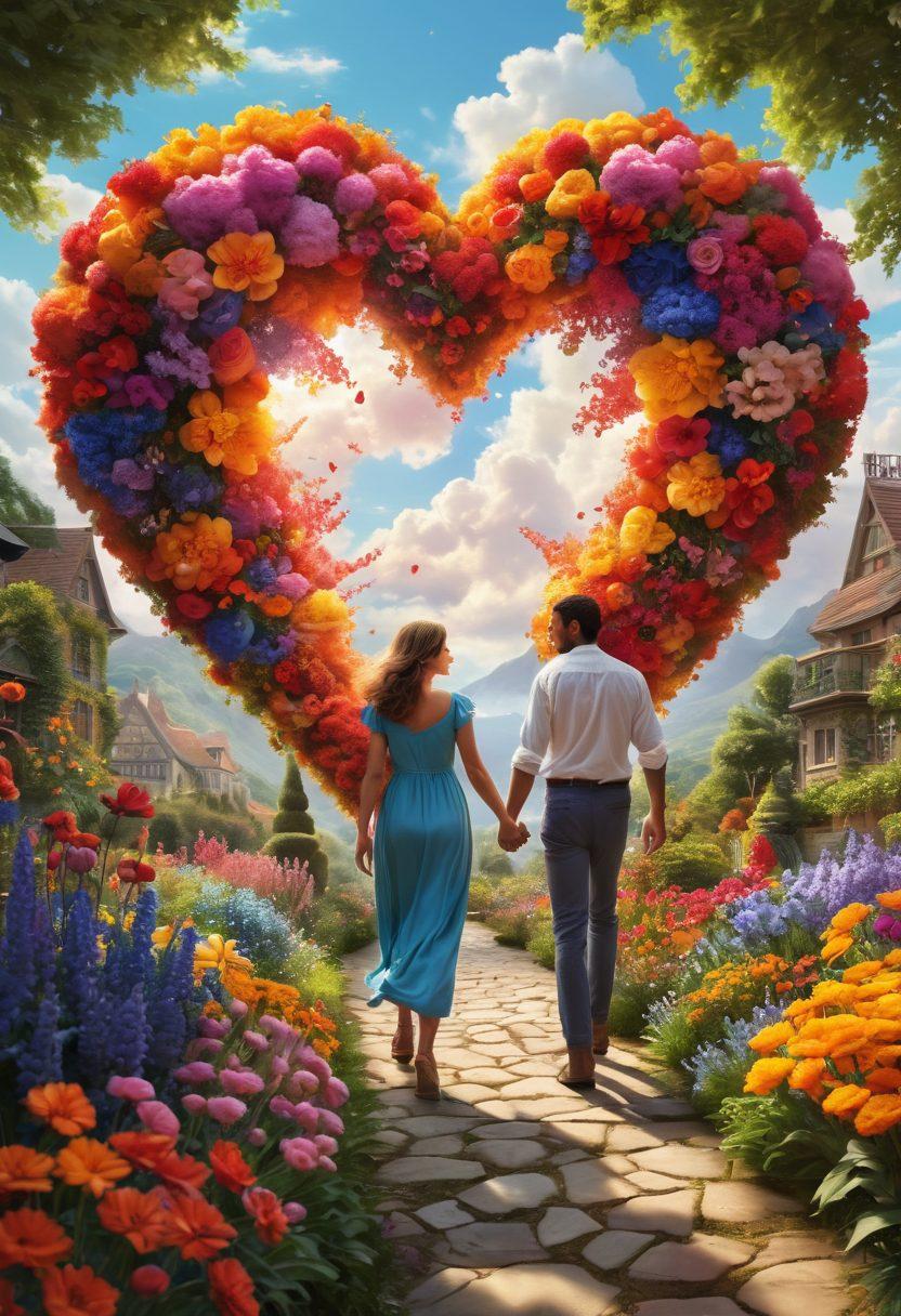 A couple walking hand in hand through a vibrant, whimsical garden filled with diverse flowers representing different relationships. In the background, a floating shield symbolizing protection and security, while soft clouds form into hearts above them. Bright colors and a warm, inviting atmosphere convey love and reassurance. super-realistic. vibrant colors. dreamy background.